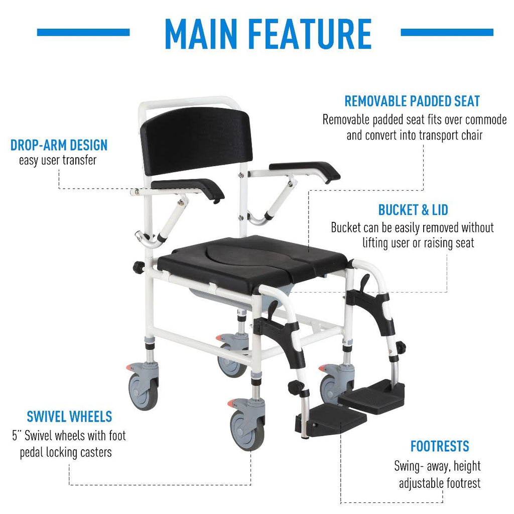 Black Commode Wheelchair with 4 Castor Wheels and Detachable Bucket D4305