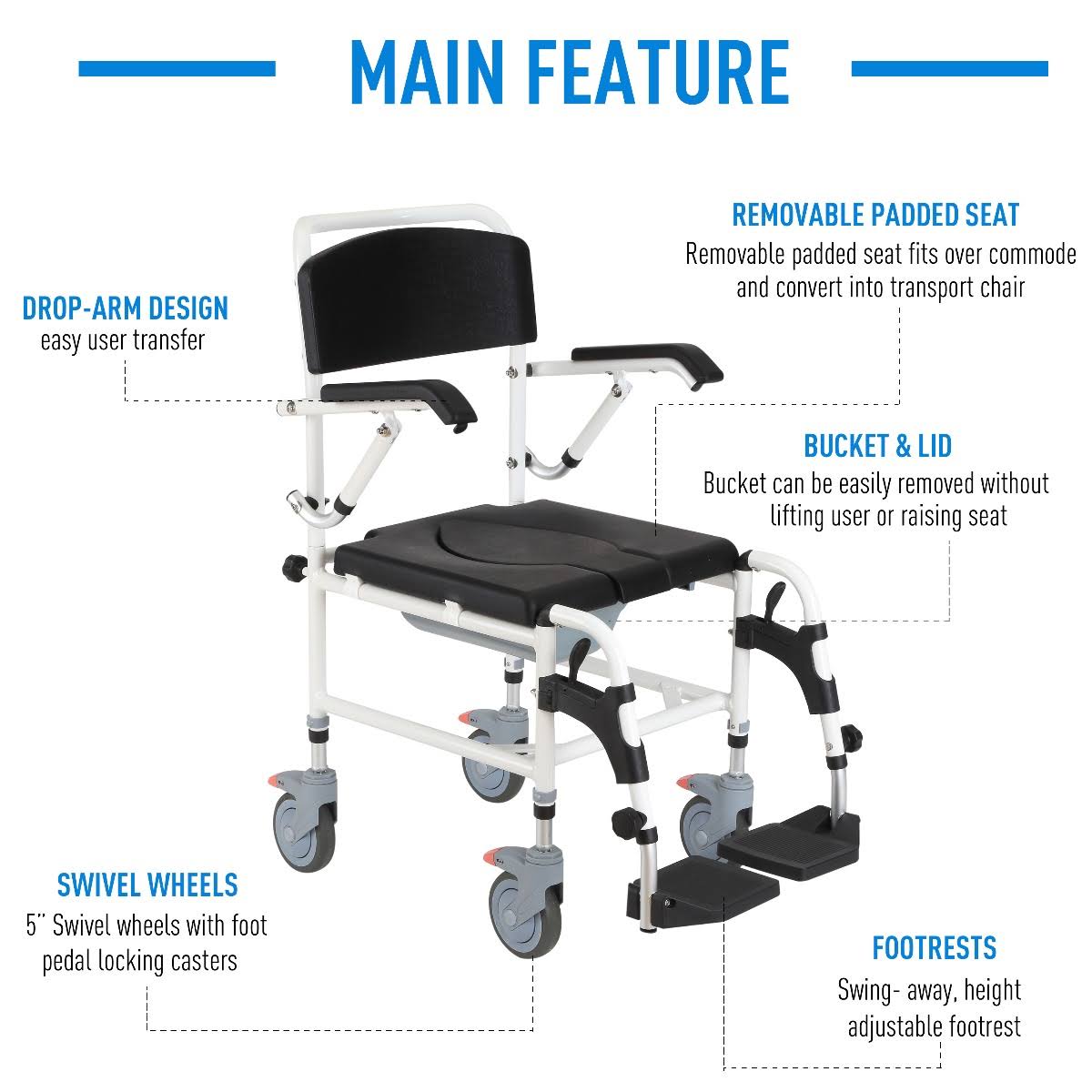 Black Commode Wheelchair with 4 Castor Wheels and Detachable Bucket D4305