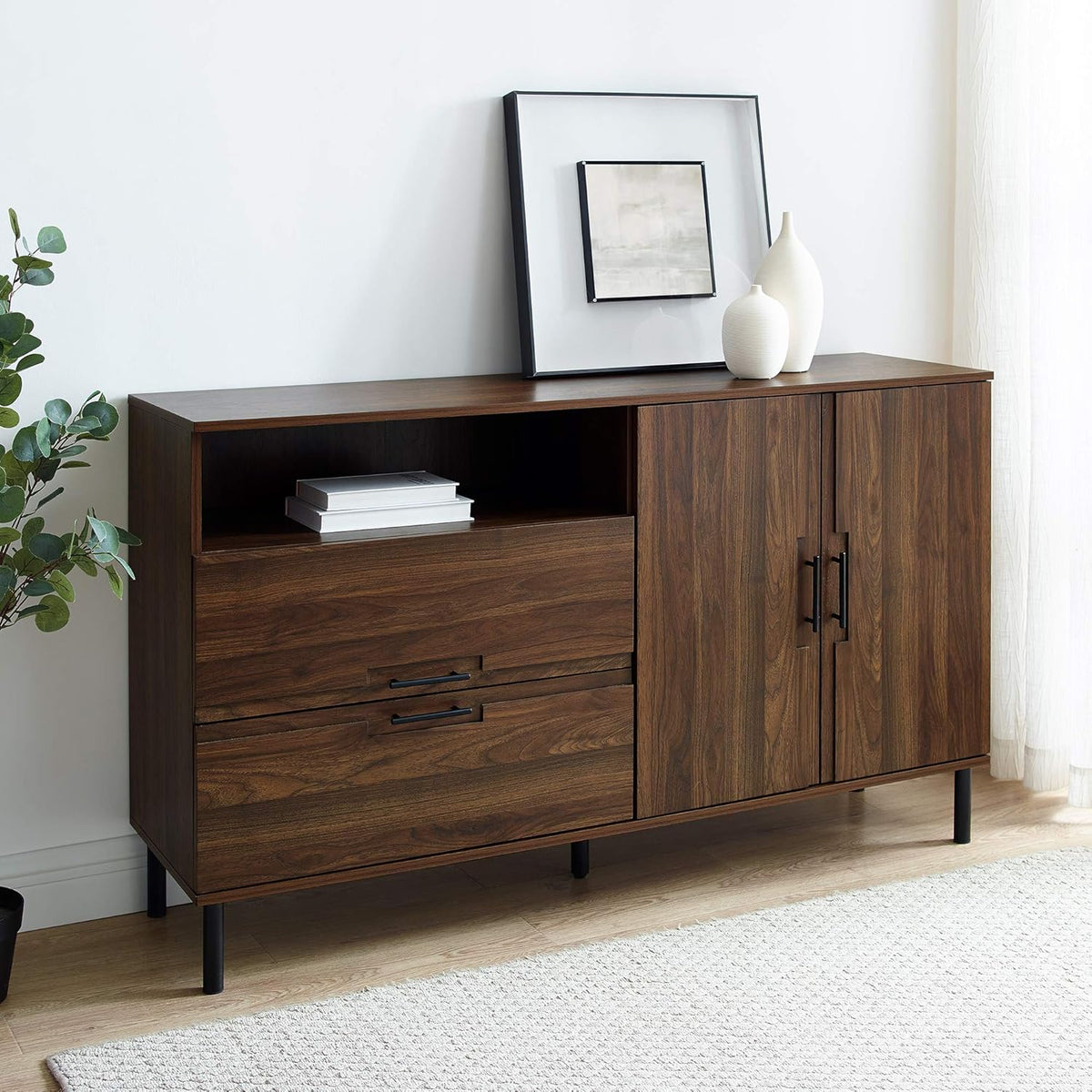 56 Dark Walnut Cabinet Door 2 Drawer Storage Sideboard Buffet N137484