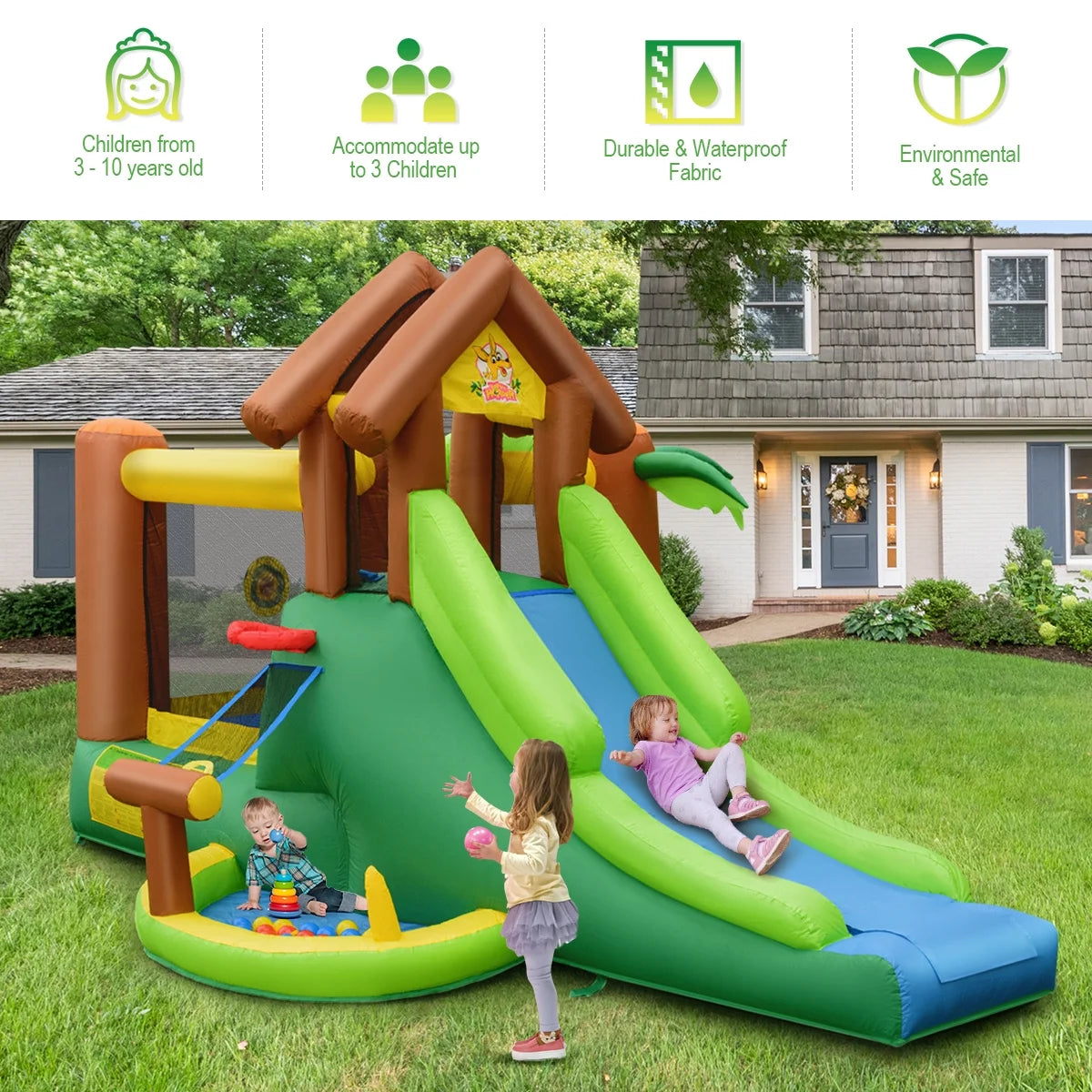 Inflatable Jungle Bounce House with Dual Slide and 750W Blower N558