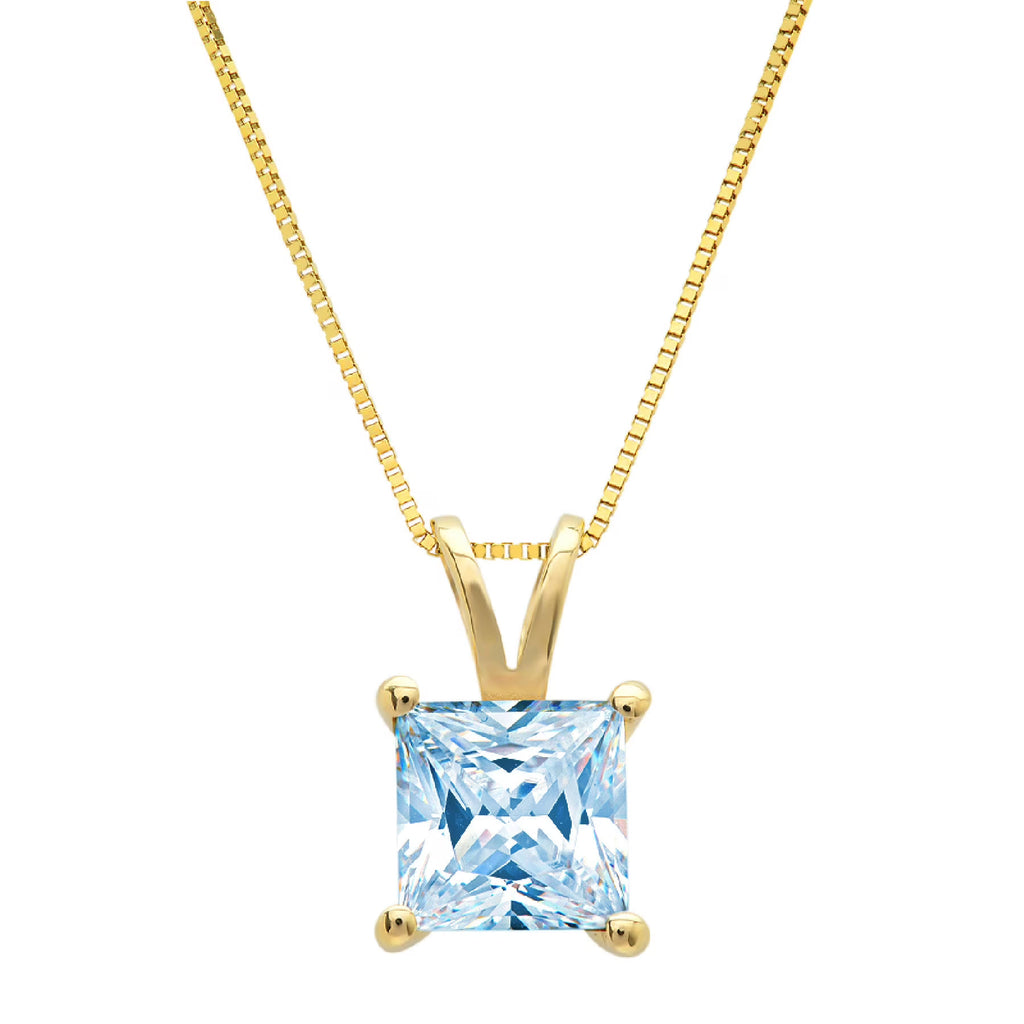 Princess Cut Natural Sky Blue Topaz 14k Yellow Gold Pendant with 16" Gold Chain L33041