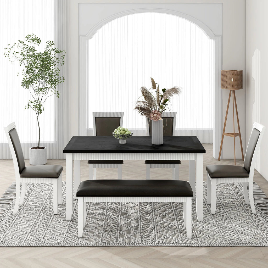 White Solid Wood 6-Piece Dining Table Set with PU Leather Chairs and Bench W52107