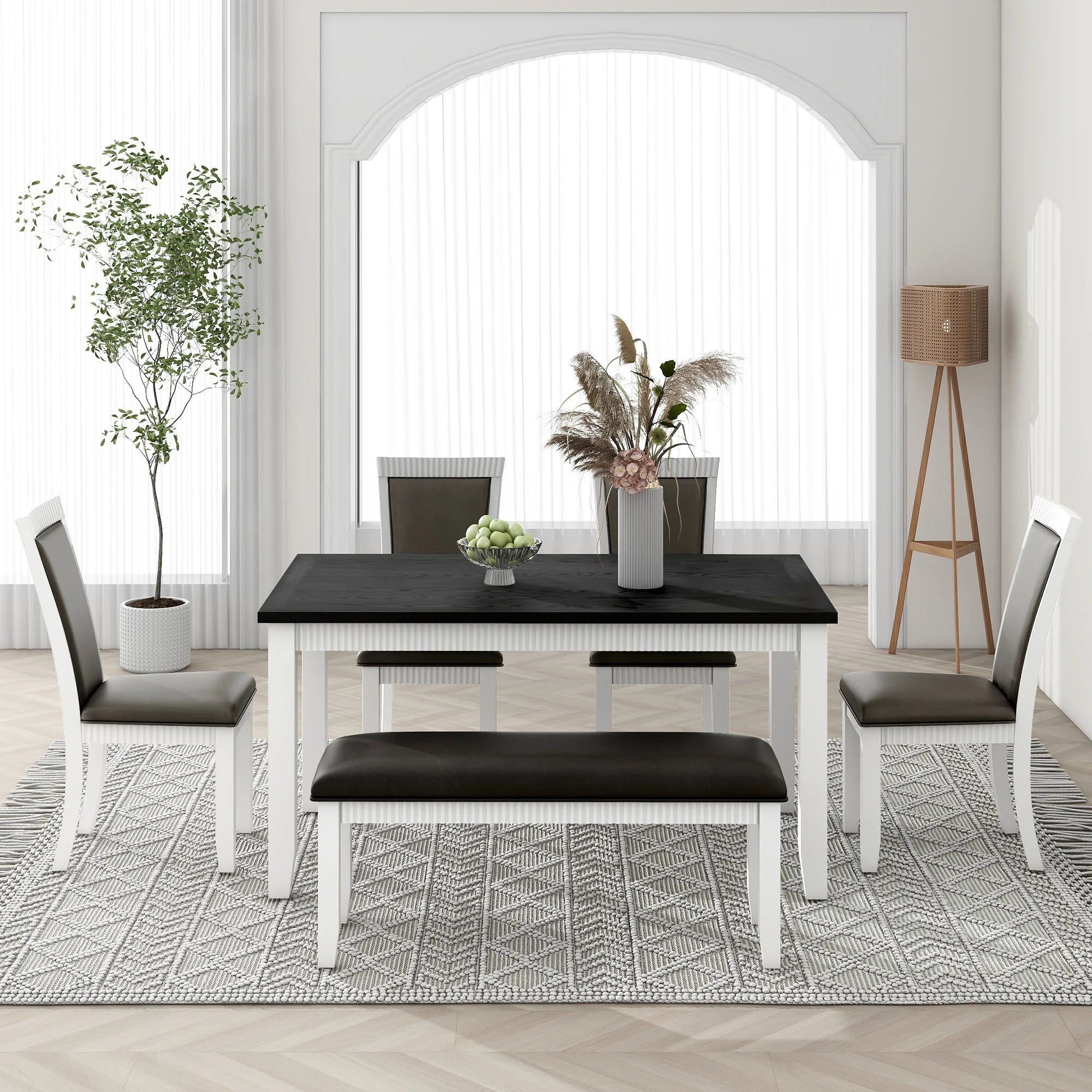White Solid Wood 6-Piece Dining Table Set with PU Leather Chairs and Bench W52107