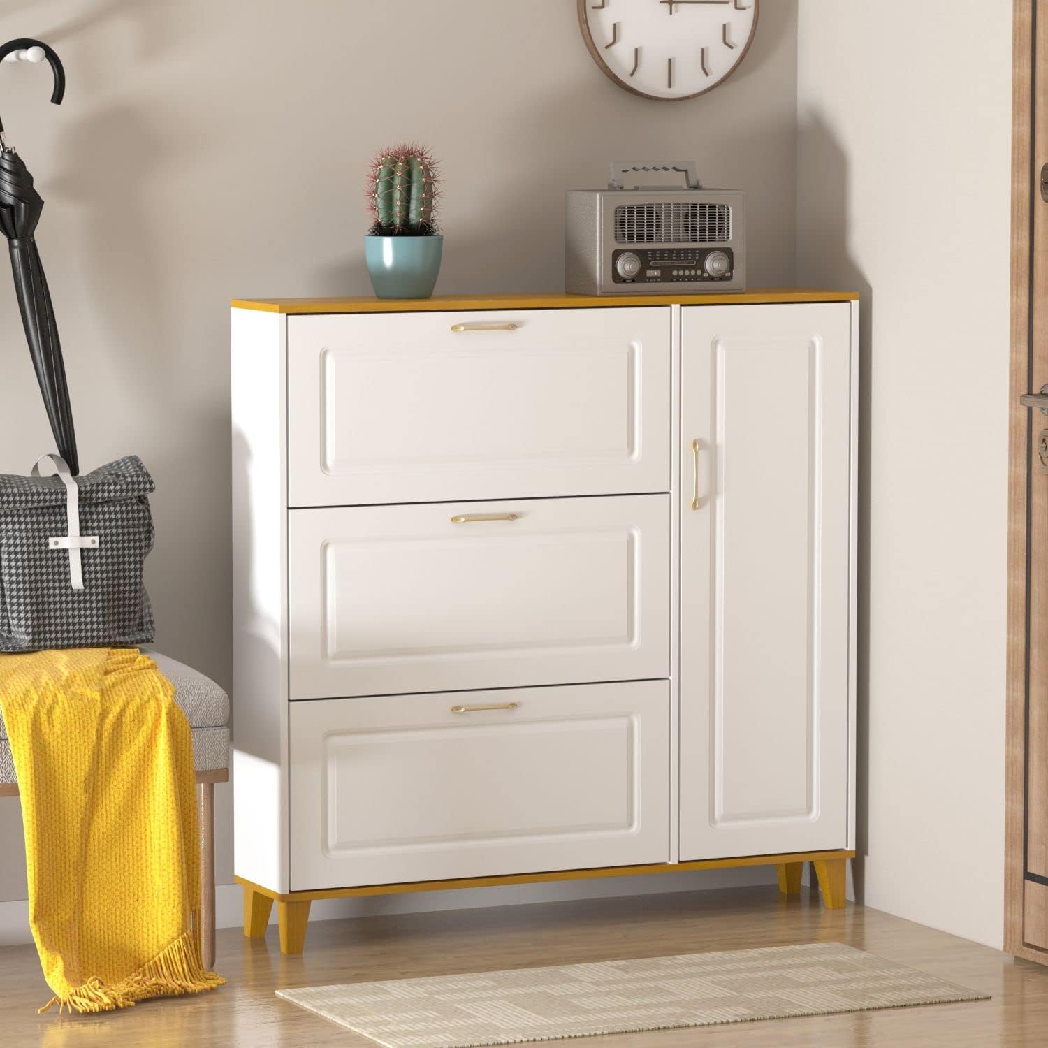 White-Walnut 3 Compartment Shoe Storage Cabinet with Locker P428910