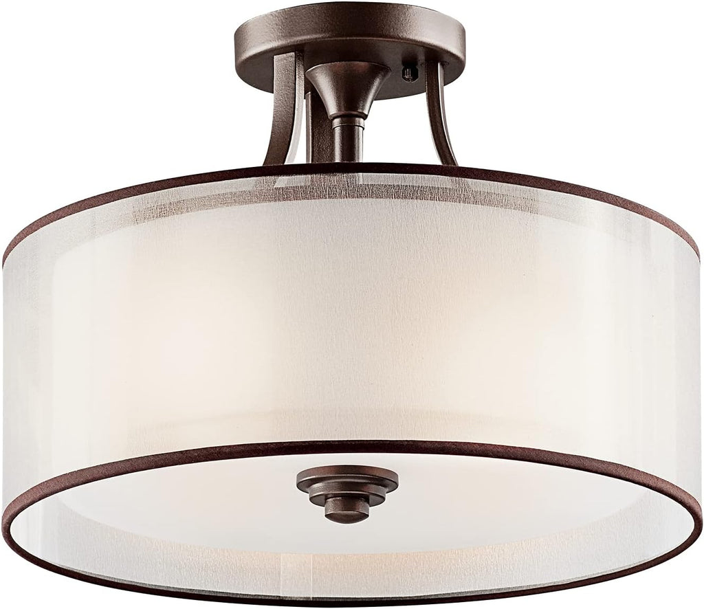 15 3 Light Semi Flush with Satin Etched Cased Opal Inner Diffusers and Light Umber Translucent Organza Outer Shade in Mission Bronze D67279
