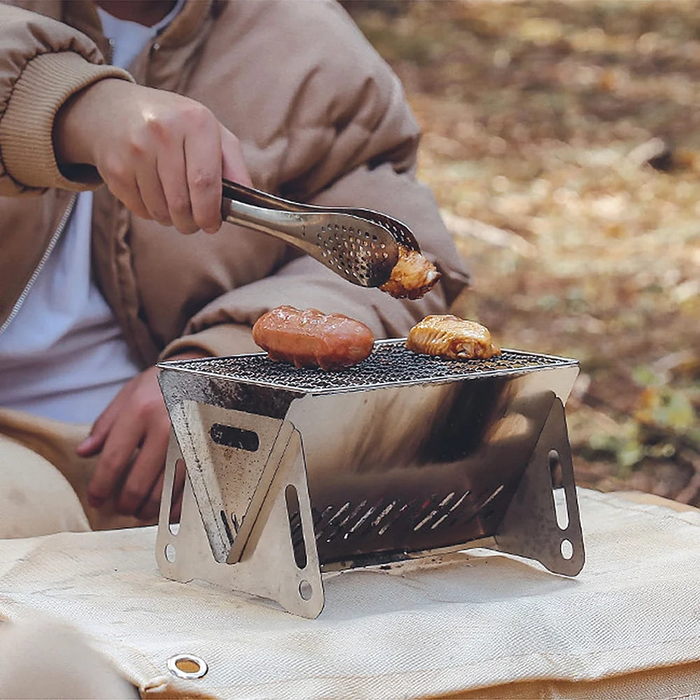 Wood Burning Stove with Grill Plate, Portable Folding Stainless Steel Backpacking Cooking Stove E3399