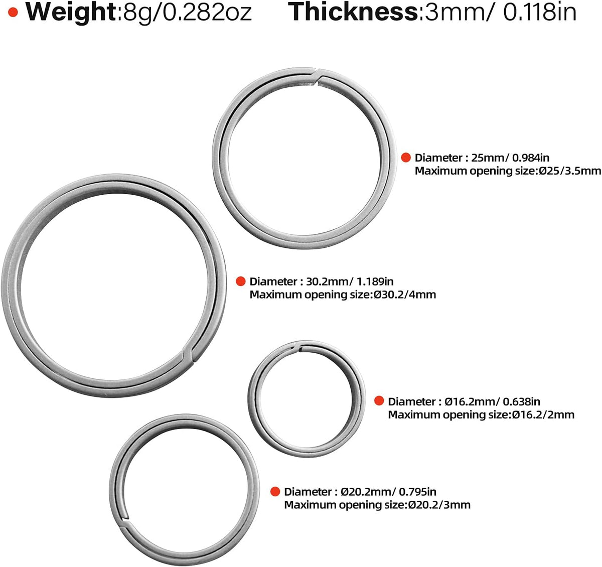 Titanium Keyring Key Chain Key Rings Holder Split Rings 4-Pack X3396