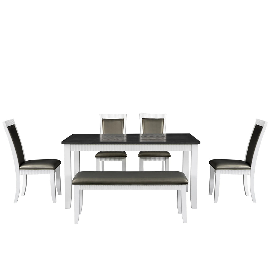 White Solid Wood 6-Piece Dining Table Set with PU Leather Chairs and Bench W52107