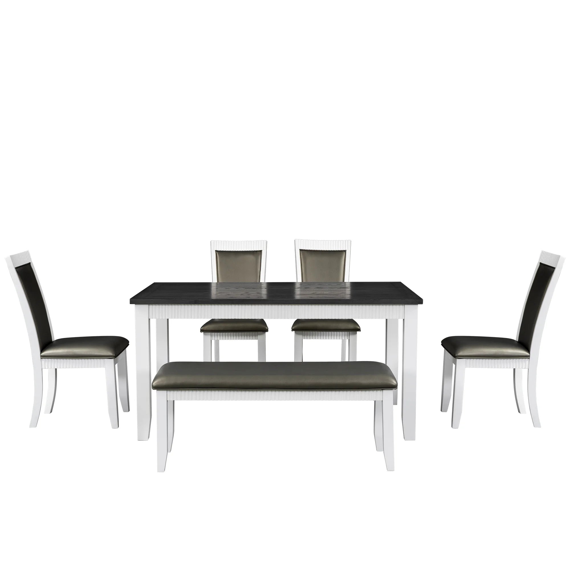 White Solid Wood 6-Piece Dining Table Set with PU Leather Chairs and Bench W52107
