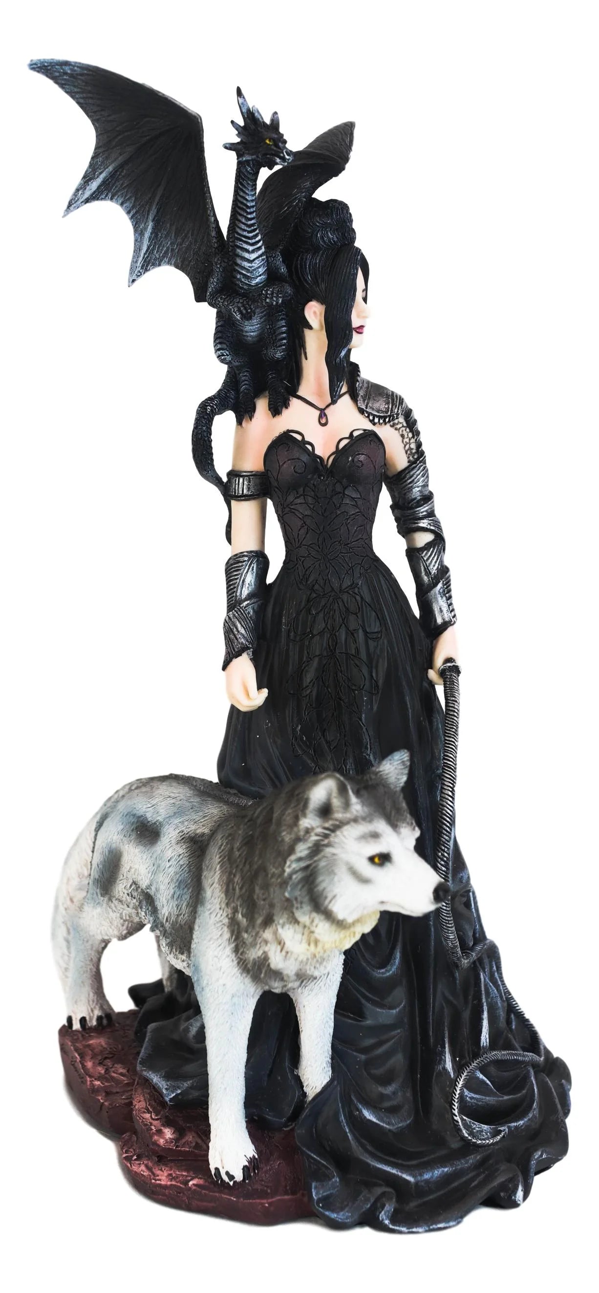Gothic Witch Fairy With Alpha Wolf and Black Dragon Statue Z402580