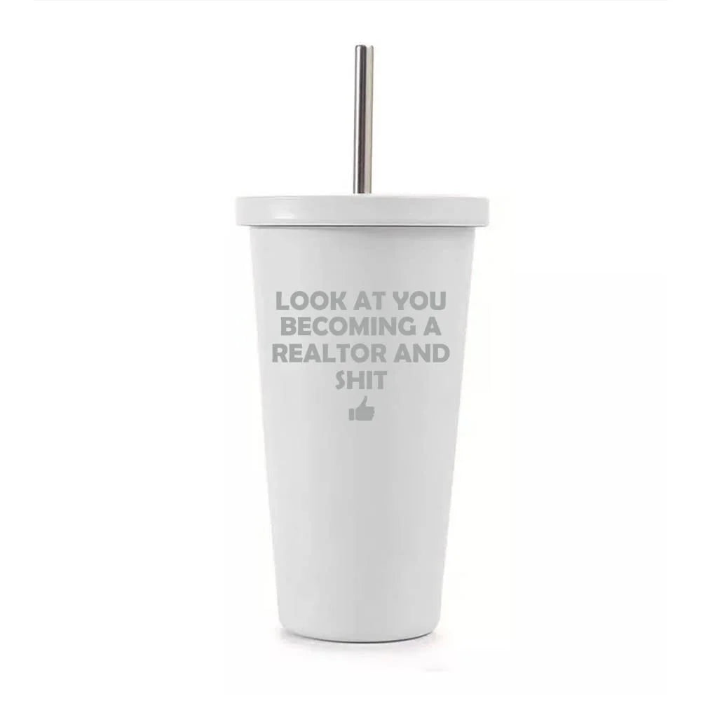 16 oz Stainless Steel Double Wall Insulated Tumbler Travel Mug With Straw V798555