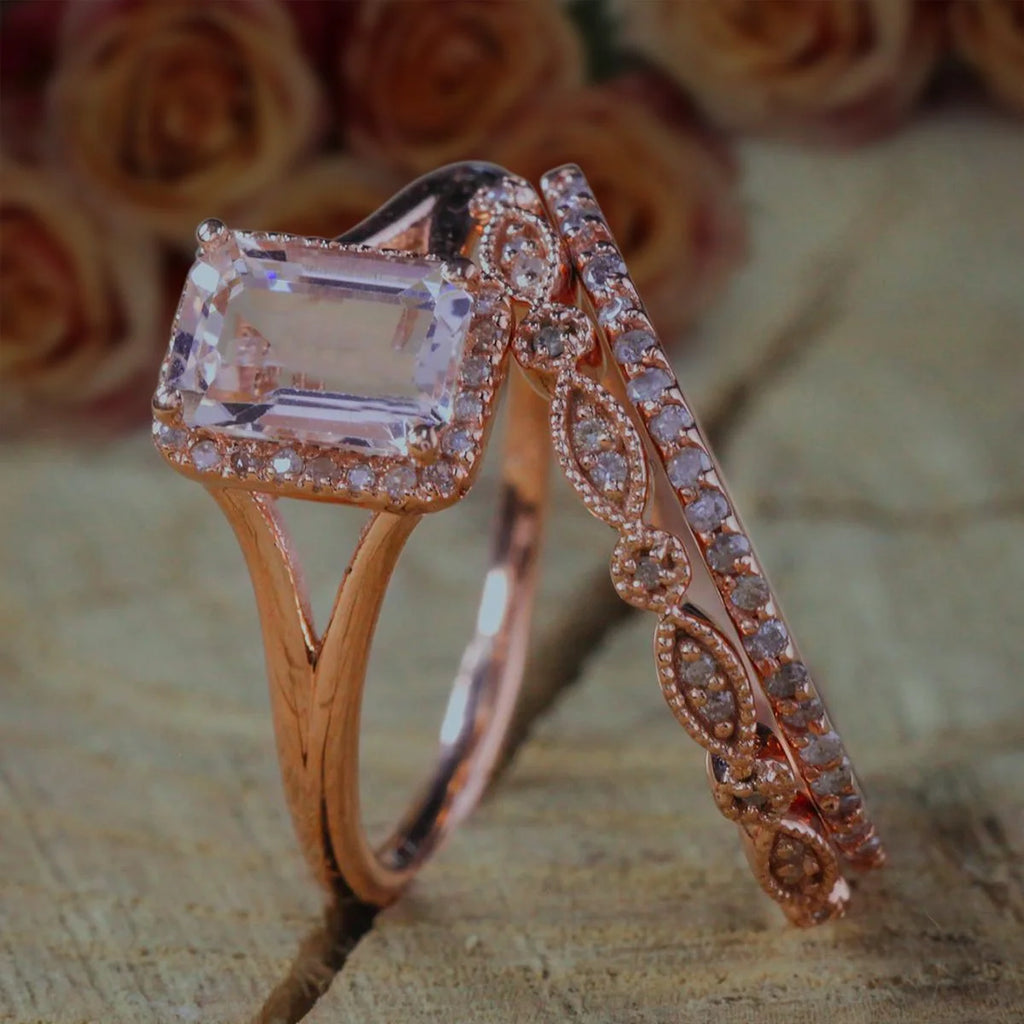 Emerald Cut Morganite Trio Ring Set with 18k Gold Plating C295497