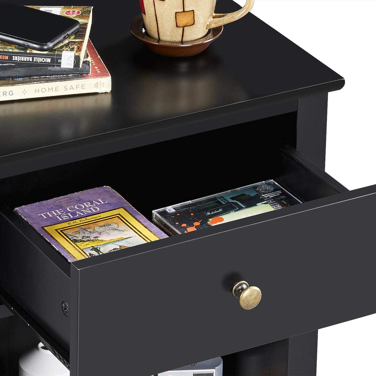 Black 2 Tier Wood Side Table with 1 Drawer and Bottom Shelf W20780