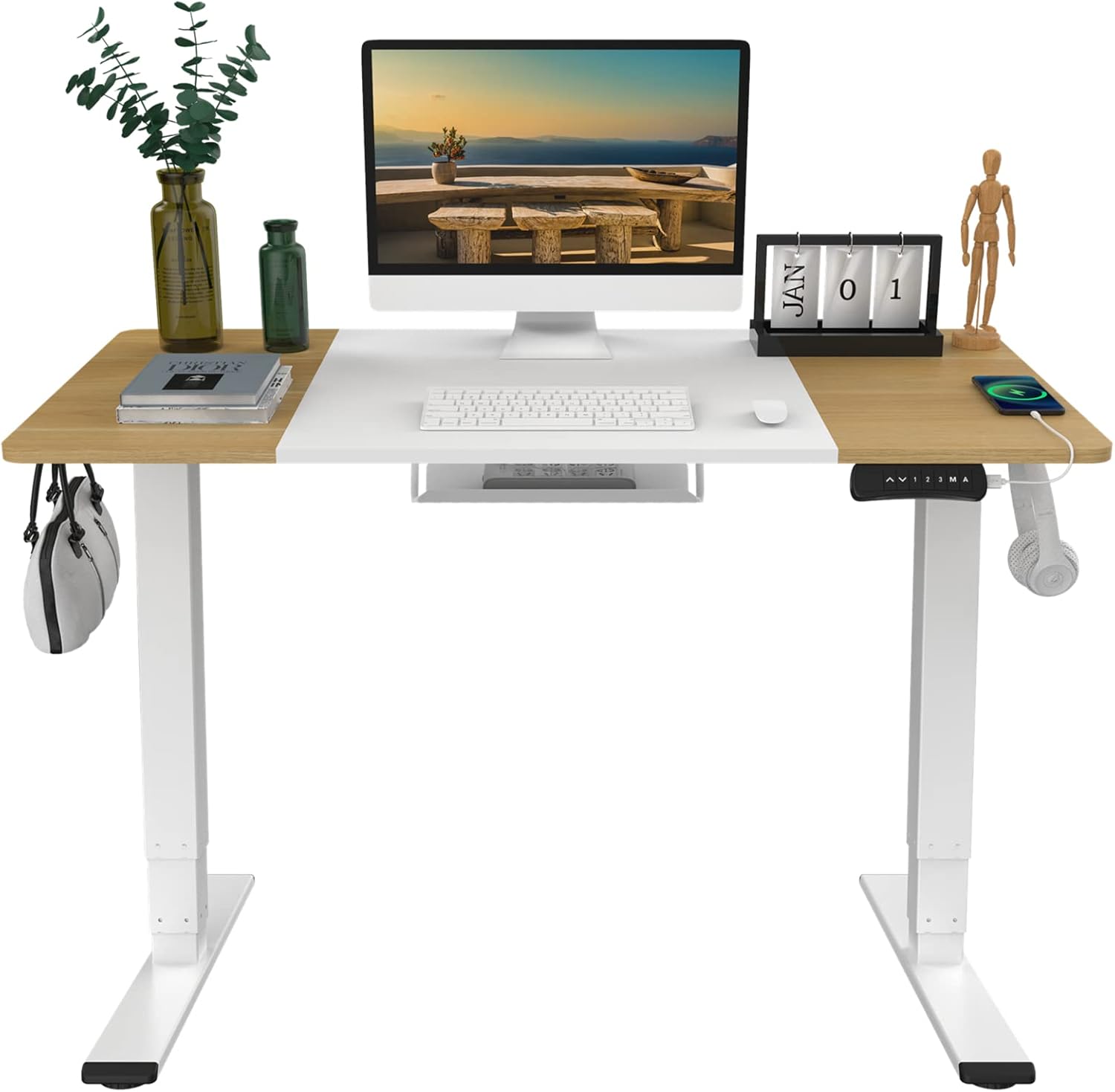 Electric Standing Desk 63"x30" Dual Motor 3 Stages Height Adjustable Desk with USB Charging Port and Hooks, Black Frame & Black/Greystone Top U32776