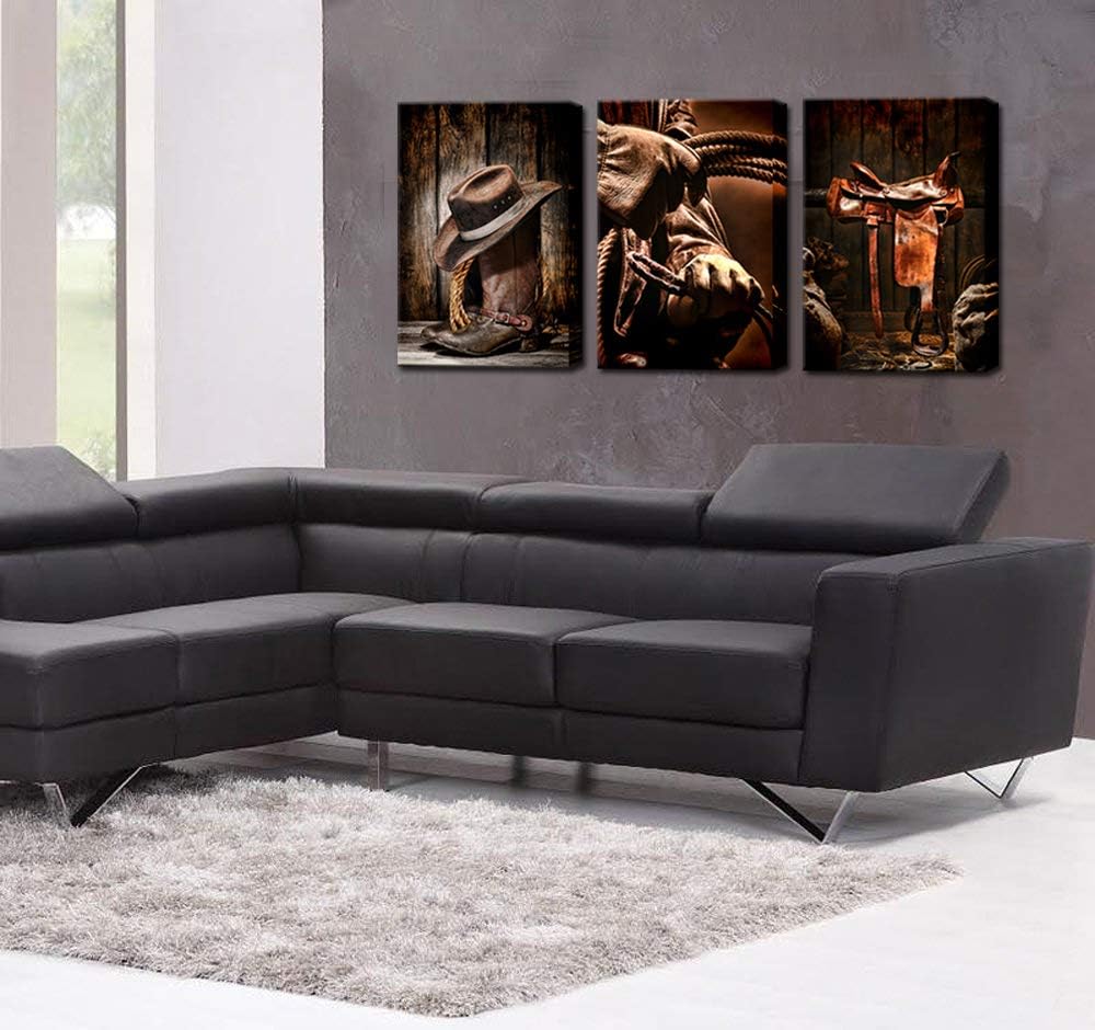 3 Pieces Canvas Prints Cowboy Wall Art Painting Brown Straw Hat Leather Rancher Roper Boots Picture on Canvas Vintage Artwork Stretched X9194