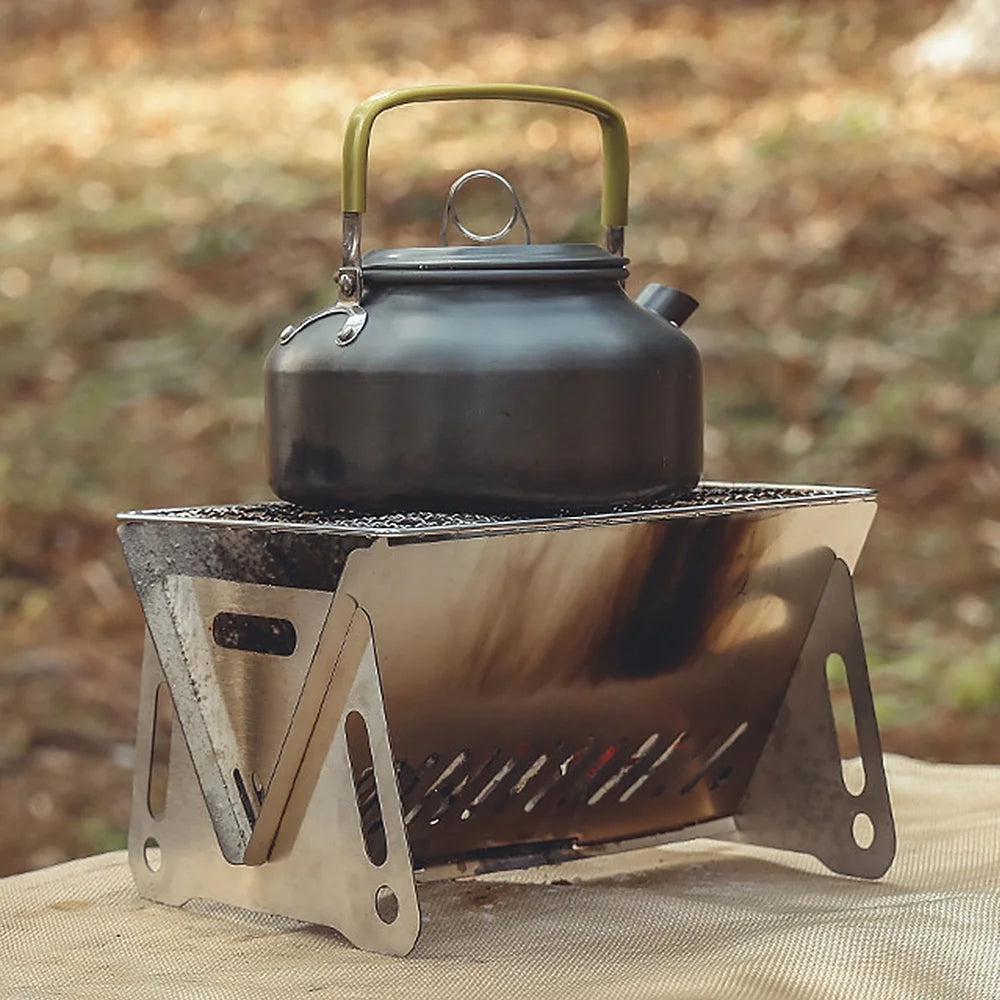 Wood Burning Stove with Grill Plate, Portable Folding Stainless Steel Backpacking Cooking Stove E3399