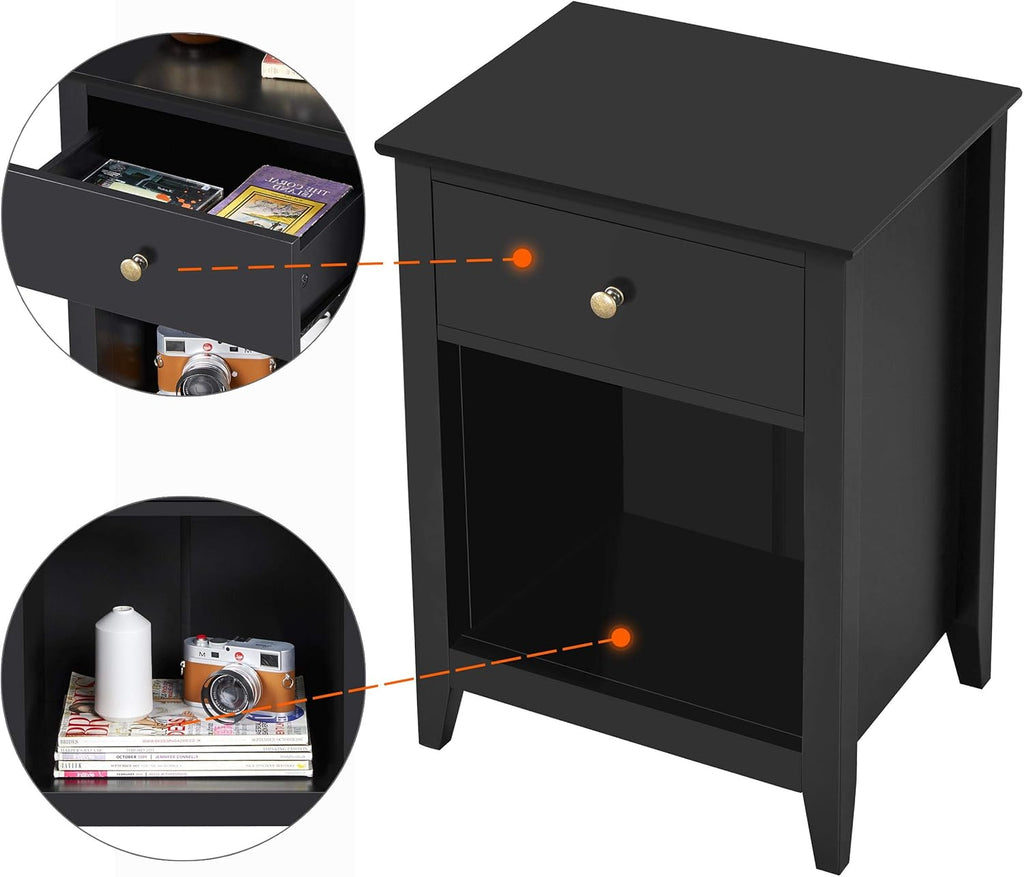 Black 2 Tier Wood Side Table with 1 Drawer and Bottom Shelf W20780