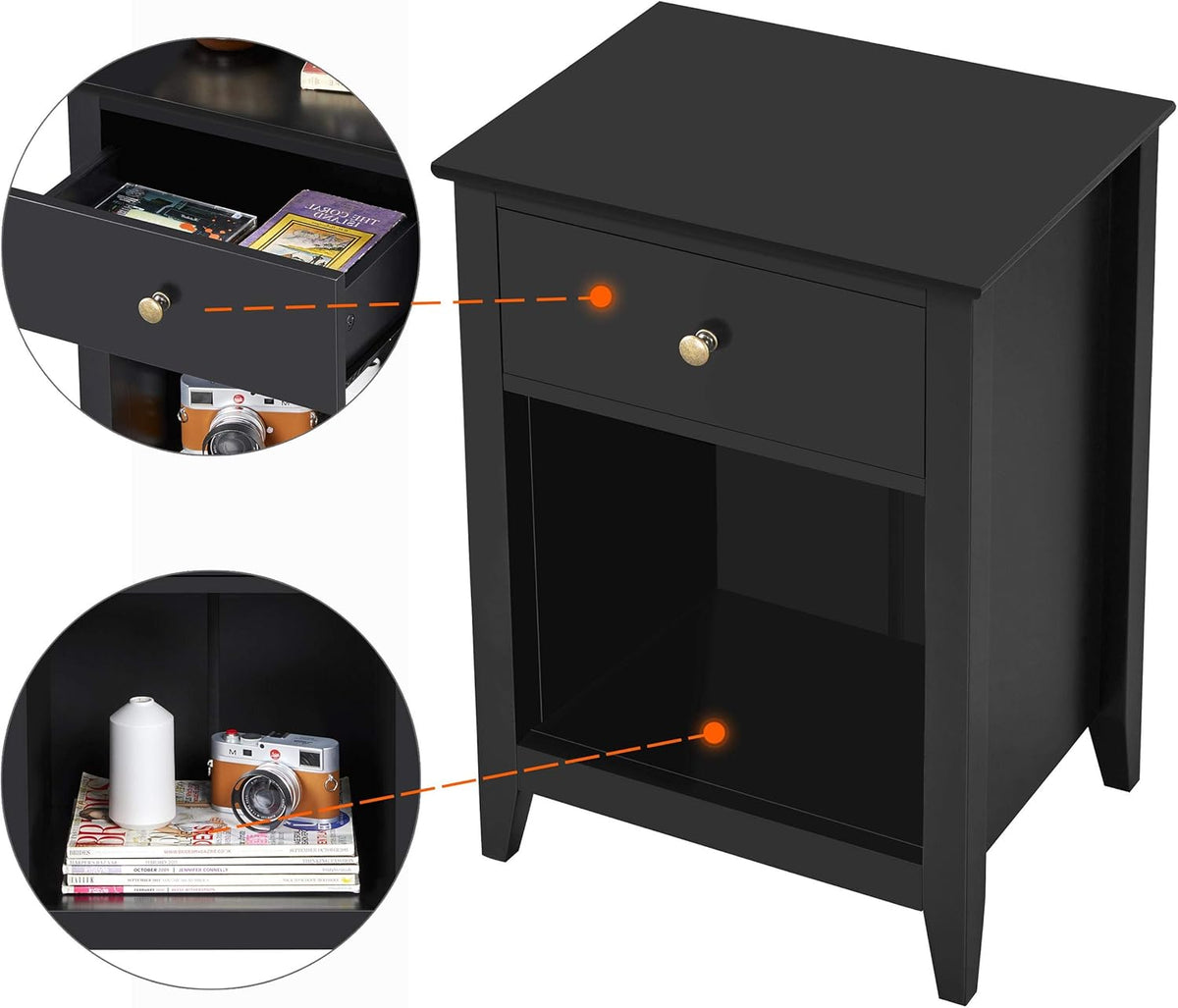 Black 2 Tier Wood Side Table with 1 Drawer and Bottom Shelf W20780
