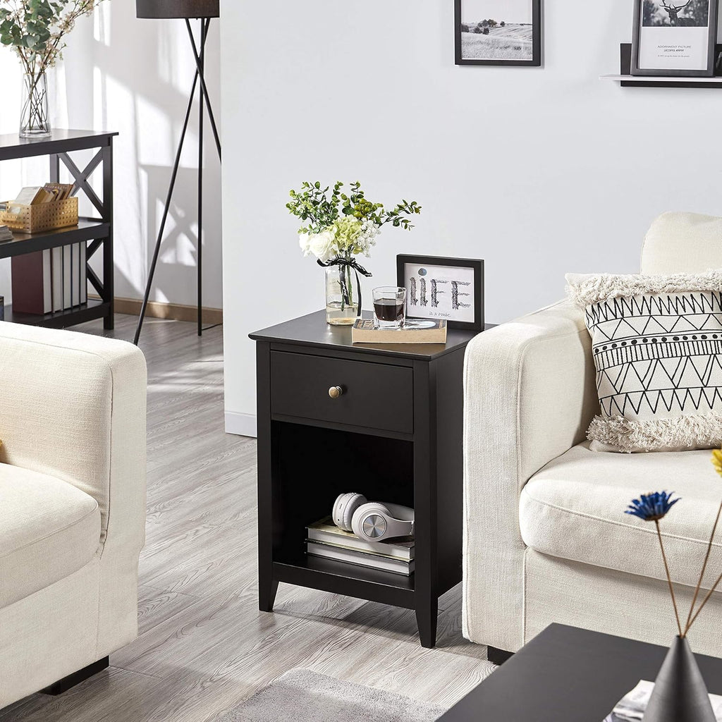 Black 2 Tier Wood Side Table with 1 Drawer and Bottom Shelf W20780