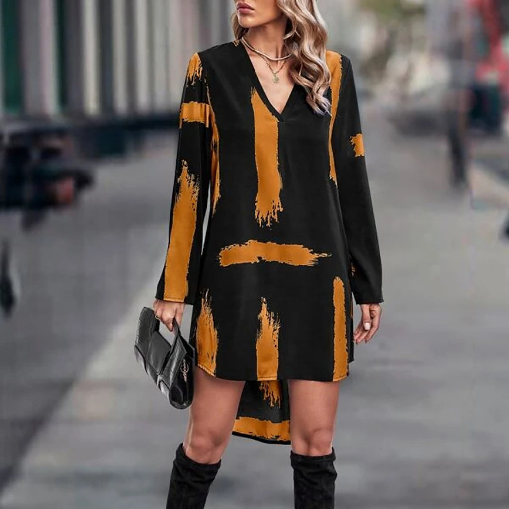 Printed V Neck Casual Knee Length Dress D76870