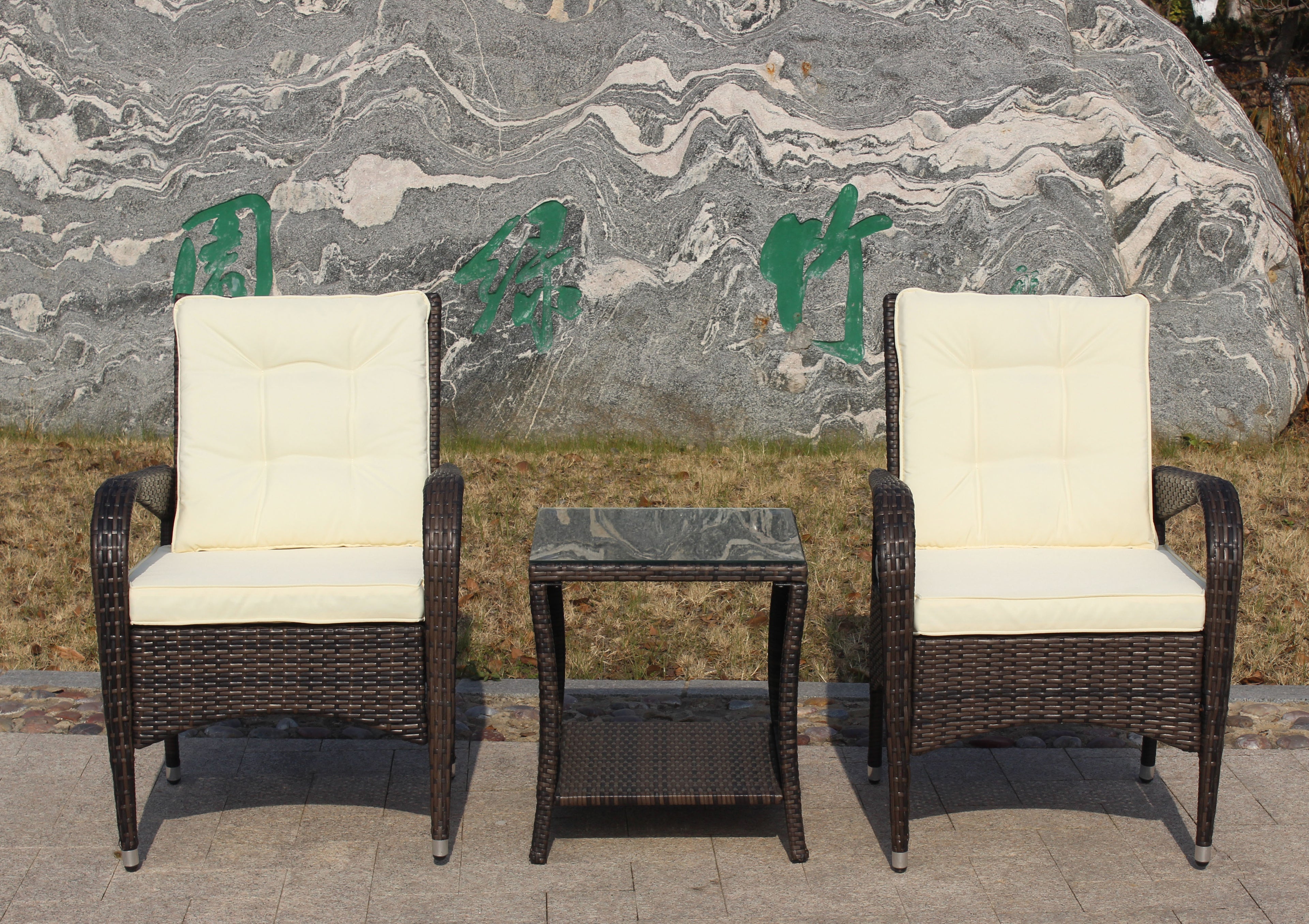 3 Piece Wicker Rattan Sectional Sofa with Beige Seat Cushions B774
