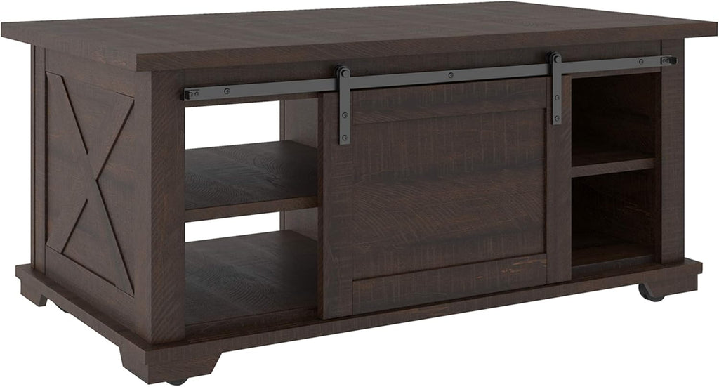 Farmhouse Rectangular Coffee Table with Sliding Barn Doors, Dark Brown R27294