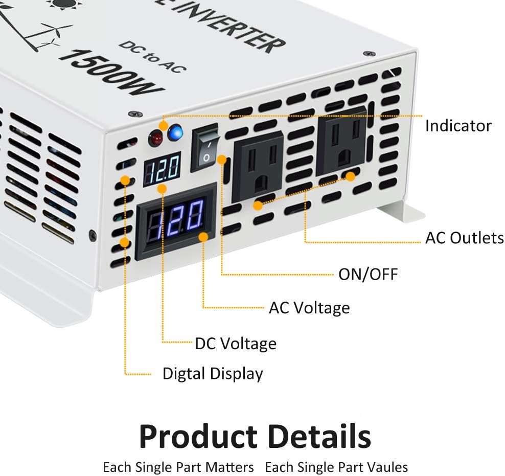 1500W Pure Sine Wave Power Inverter 12VDC to 120VAC I840402