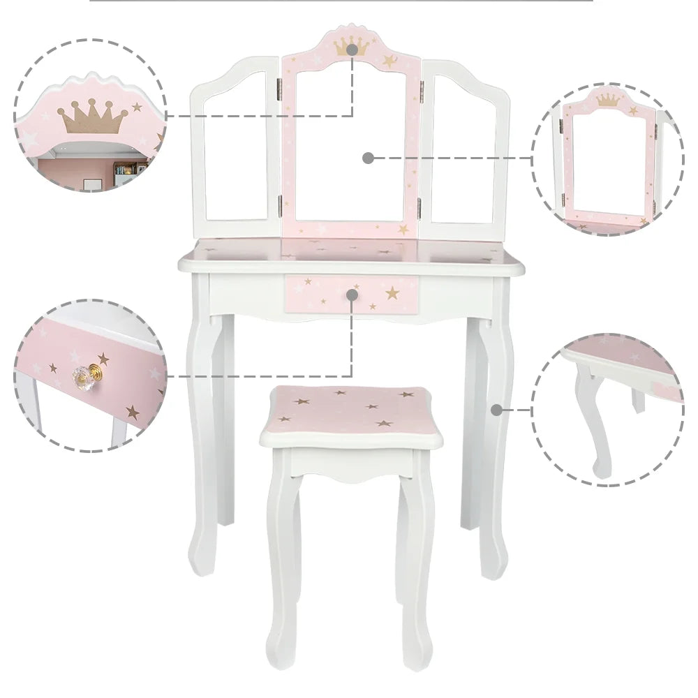 Wooden Toy Vanity Set with Wood Stool and Single Drawer B9590