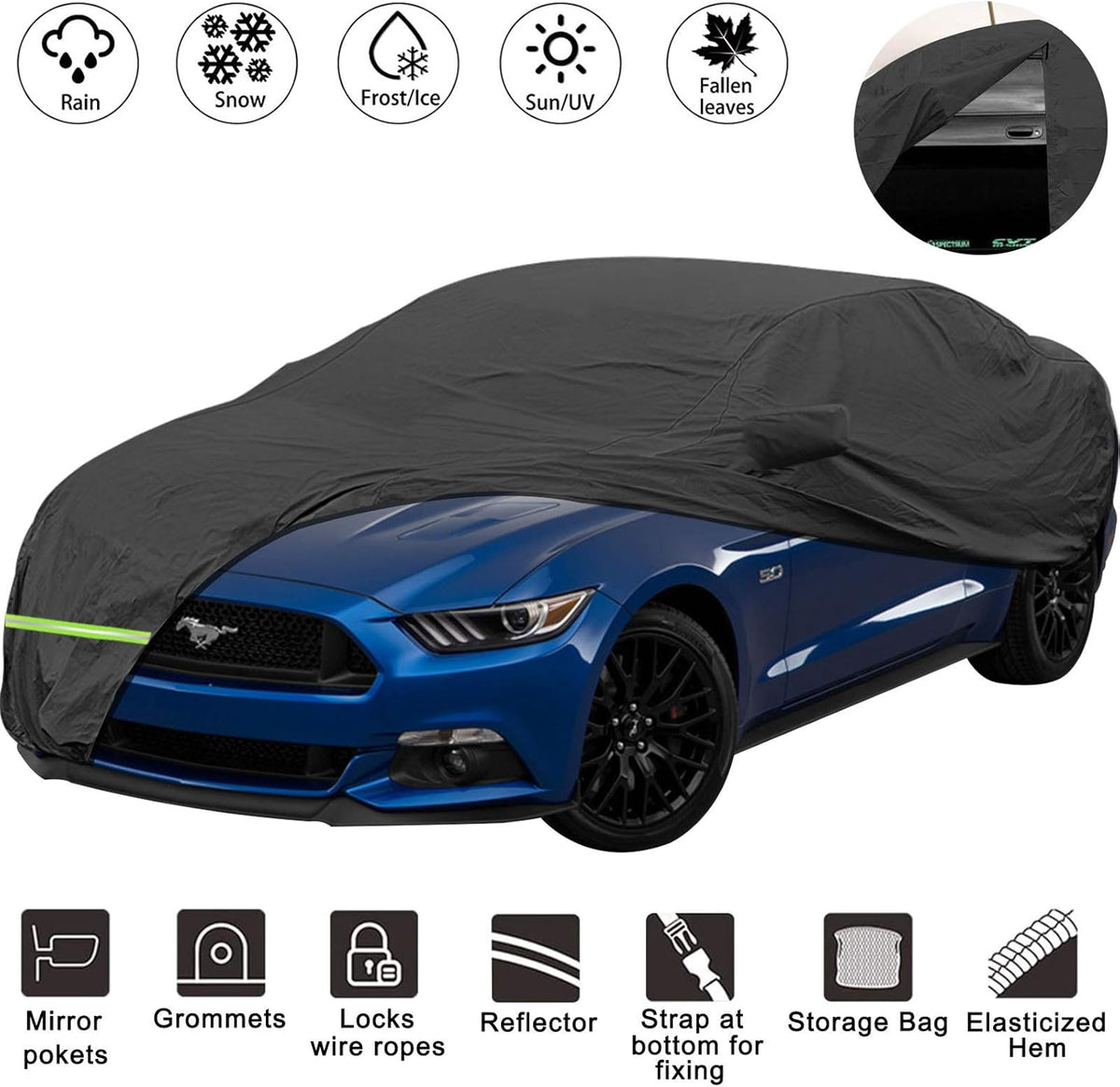 Waterproof Car Cover for Ford Mustang, 210D, Up to 192” L (Black) C895
