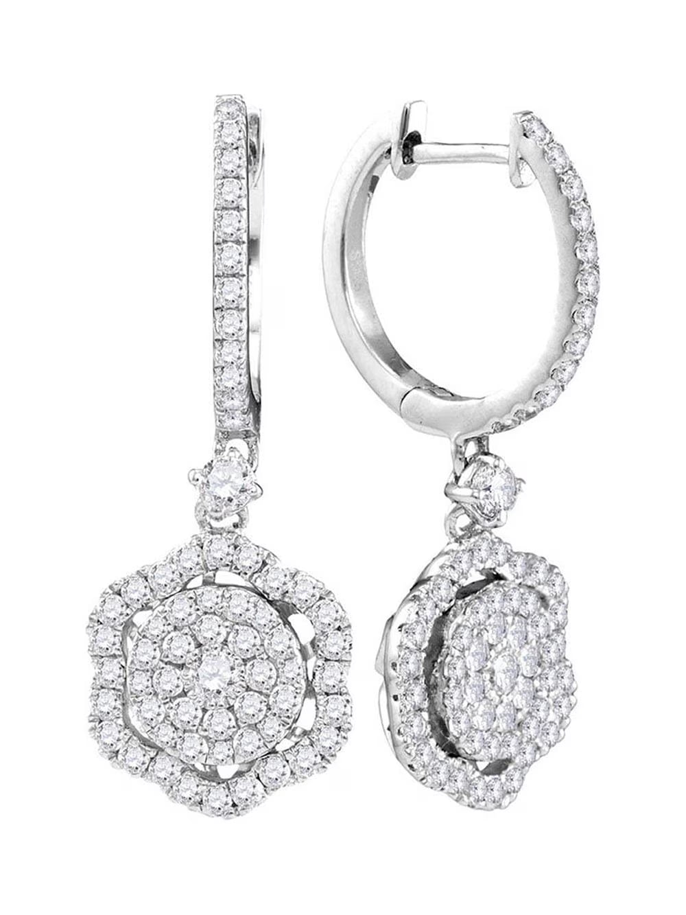 14kt White Gold Round Diamond Cluster Dangle Earrings V625