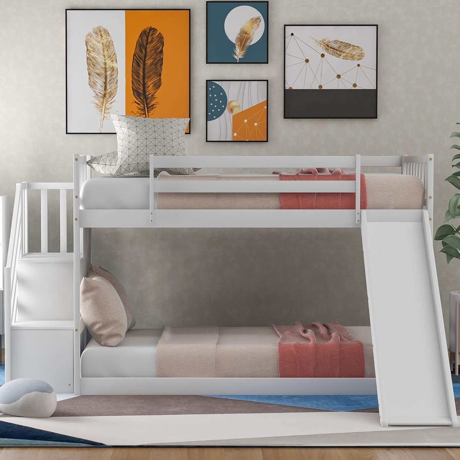 Twin Loft Beds with Slide and Staircase F6057