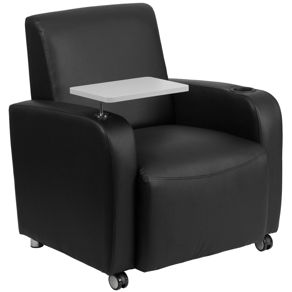 Black LeatherSoft Guest Chair with Tablet Arm and Cup Holder J376