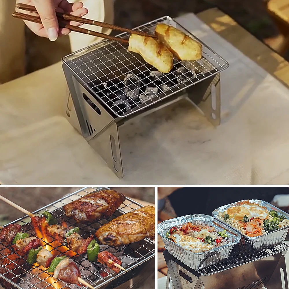 Wood Burning Stove with Grill Plate, Portable Folding Stainless Steel Backpacking Cooking Stove E3399