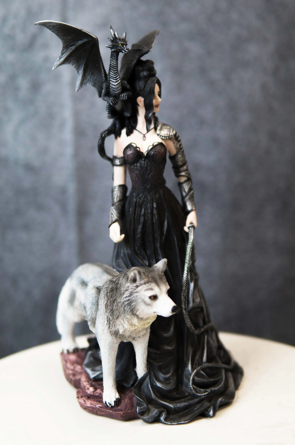 Gothic Witch Fairy With Alpha Wolf and Black Dragon Statue Z402580