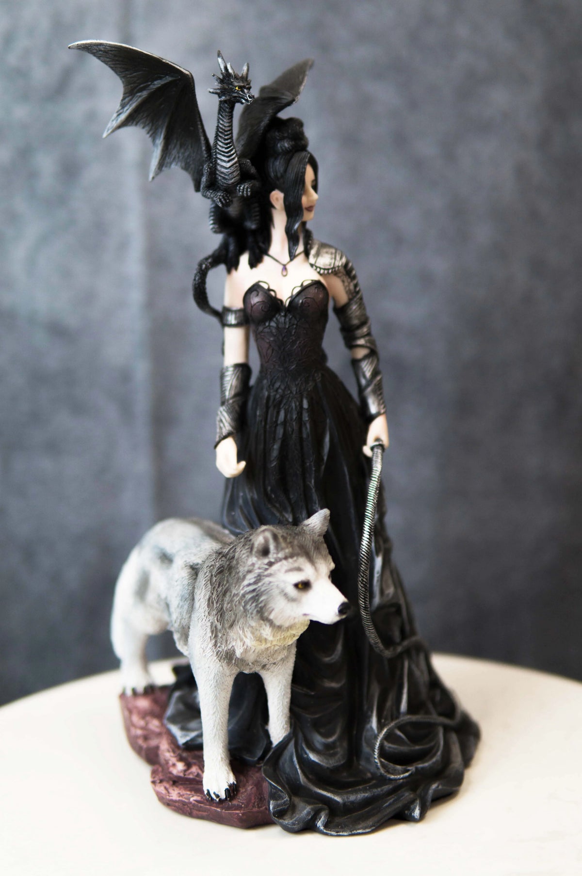 Gothic Witch Fairy With Alpha Wolf and Black Dragon Statue Z402580