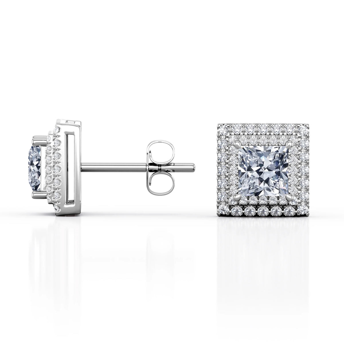 0.58 Carat Princess Diamond Stud Earrings in 18K White Gold Plating over Silver J221