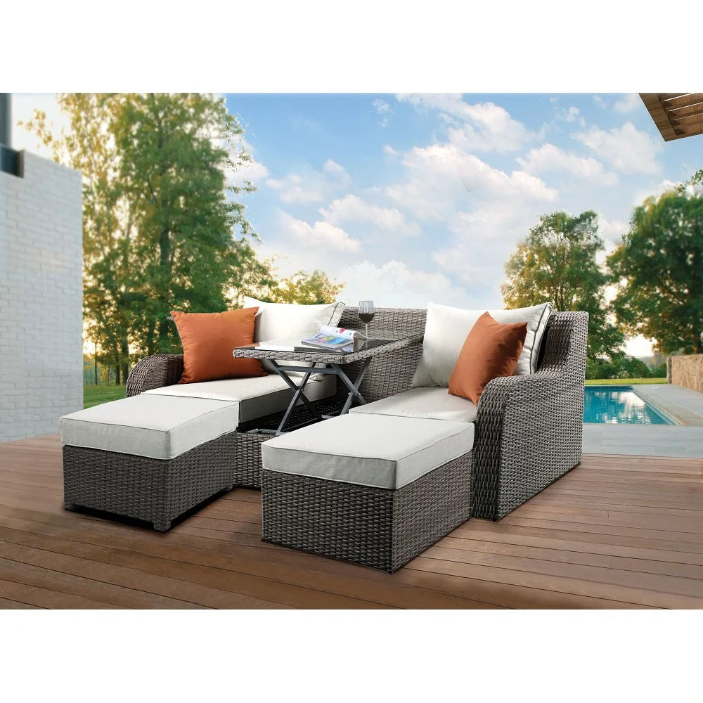 Beige Fabric Patio Sectional with 2 Ottomans and 2 Pillows Y964858