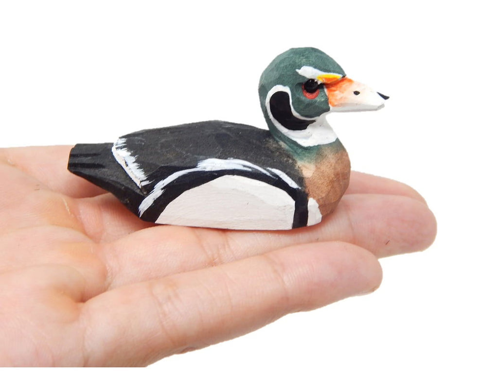 Wood Duck Drake Figurine Wooden Miniature Bird Statue Handmade Carving B7355