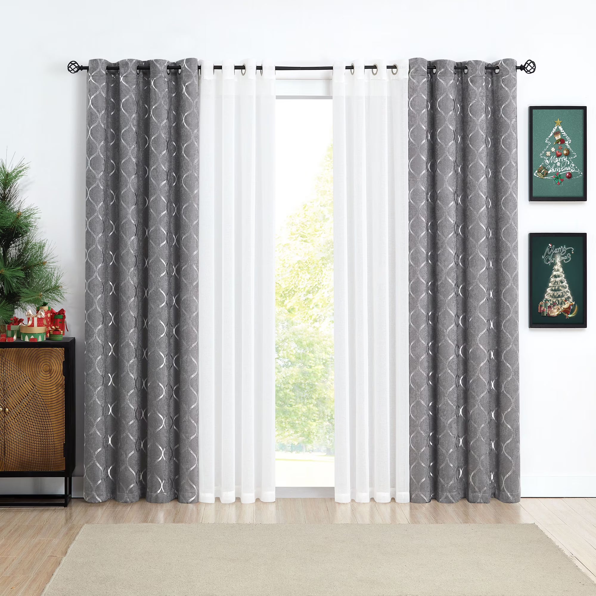 Grommet Blackout Curtain Silver Geometric Metallic, 52x63, Grey, 4 Panels D67598