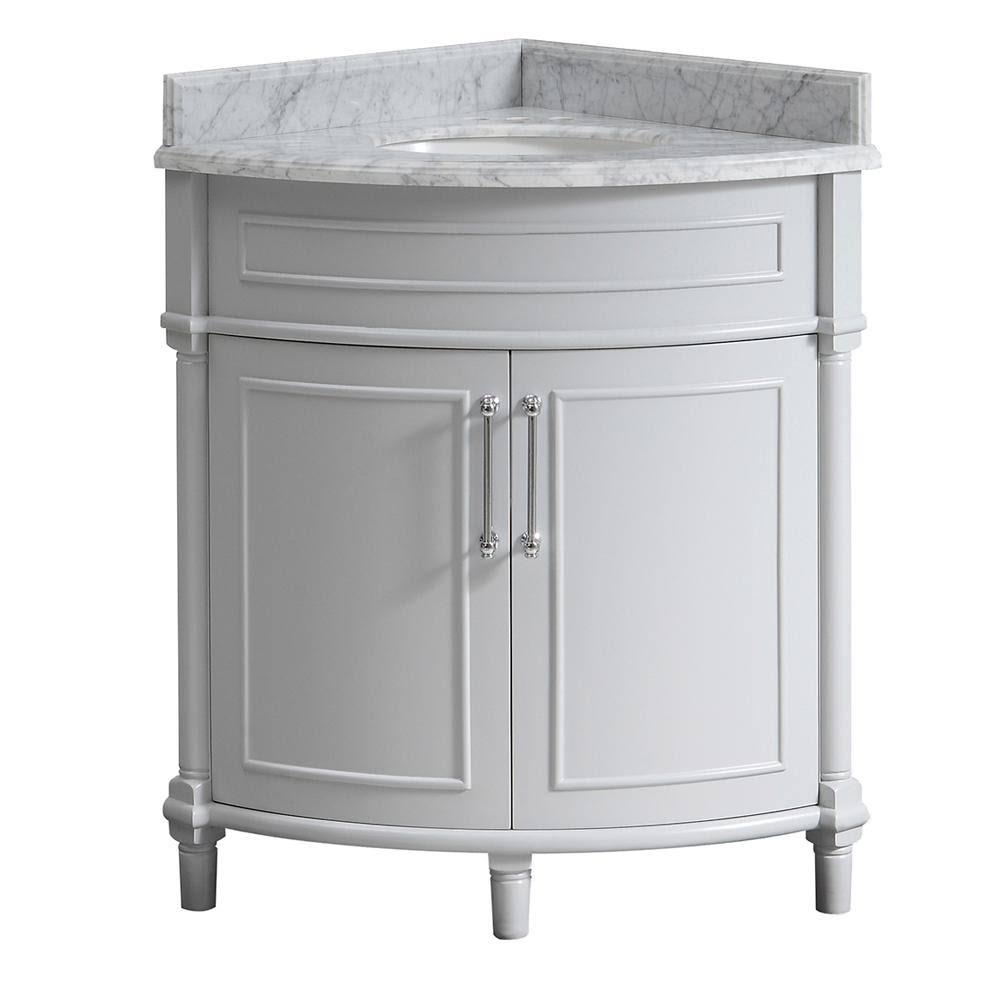 Corner Vanity in Grey with Carrara Marble Top with White Sinks P4124