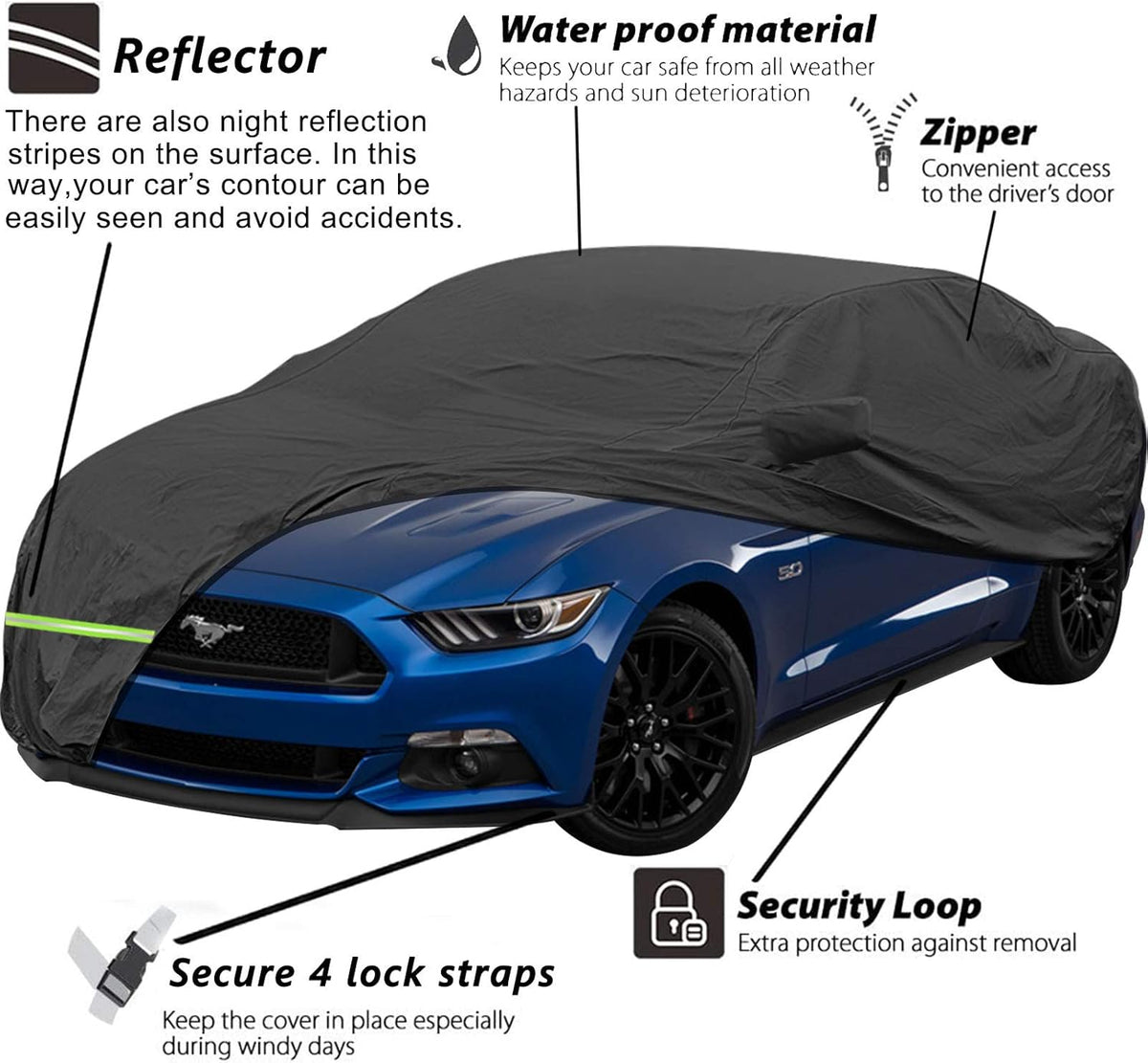 Waterproof Car Cover for Ford Mustang, 210D, Up to 192” L (Black) C895