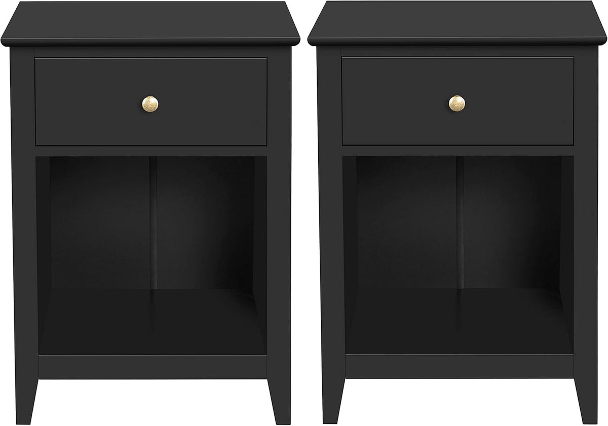 Black 2 Tier Wood Side Table with 1 Drawer and Bottom Shelf W20780