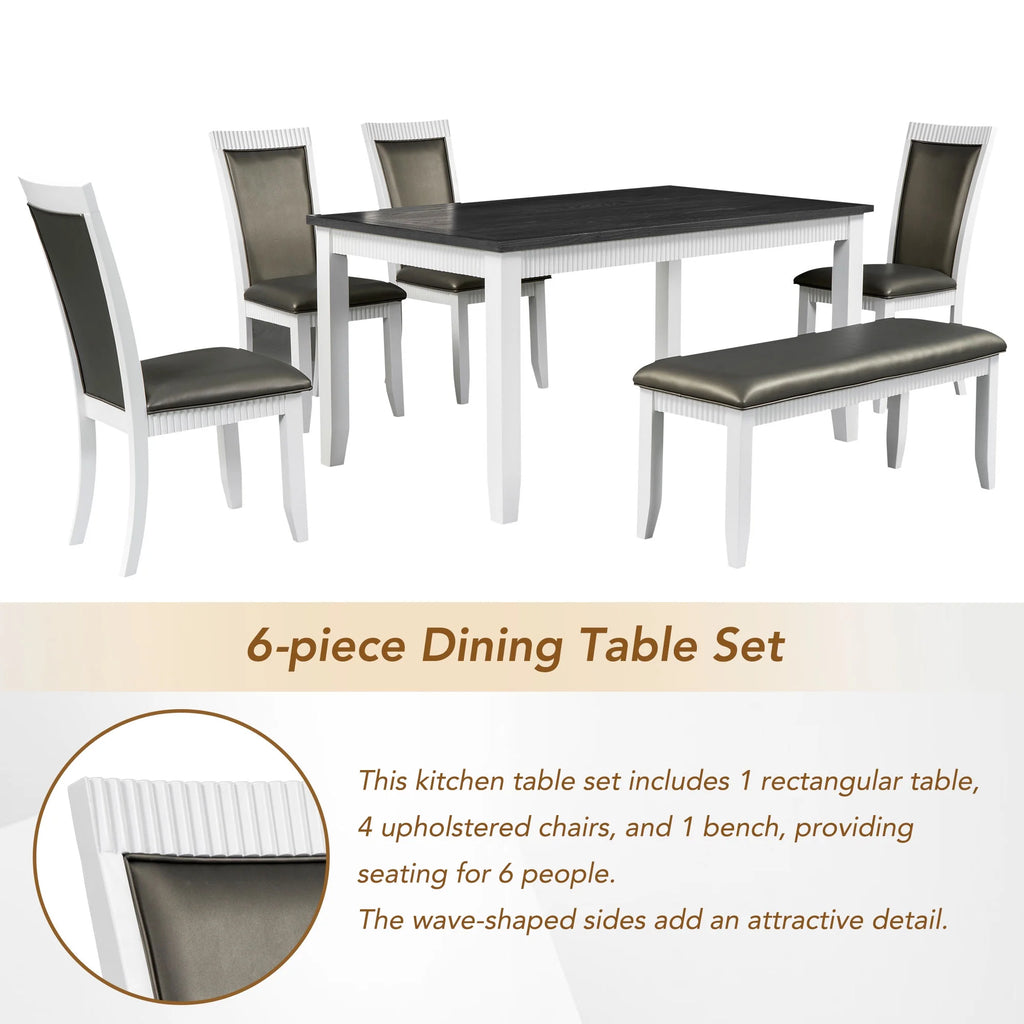 White Solid Wood 6-Piece Dining Table Set with PU Leather Chairs and Bench W52107