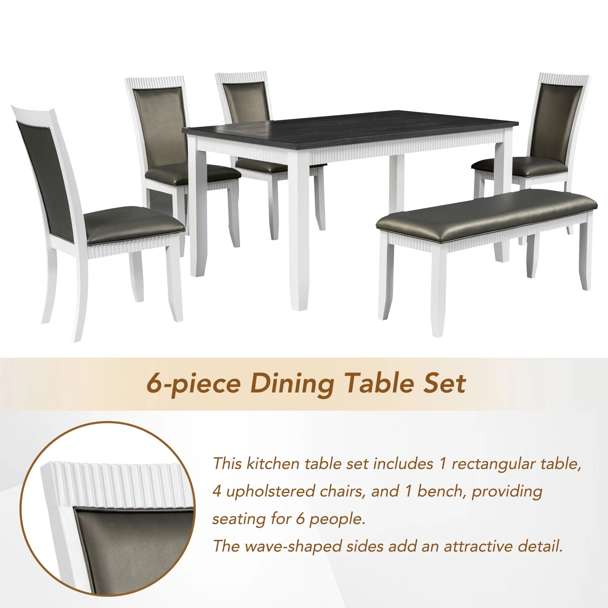 White Solid Wood 6-Piece Dining Table Set with PU Leather Chairs and Bench W52107
