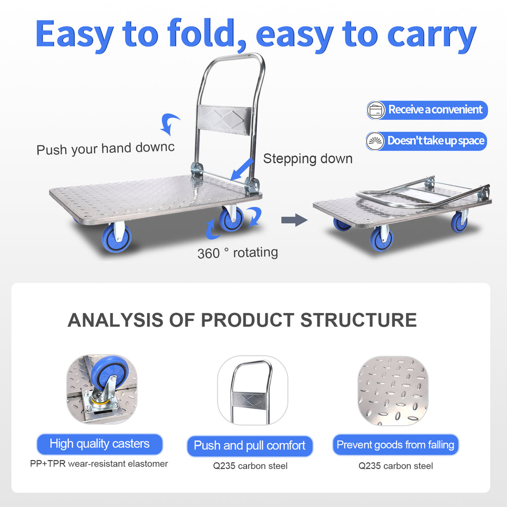 Steel Plate Platform Cart, 2200 lb Capacity, 360 Degree Swivel Wheels, Foldable, 35x22.8x33 Inches F39429