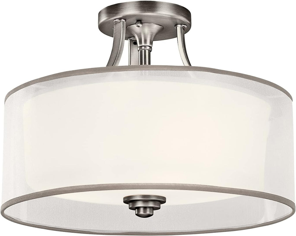 15 3 Light Semi Flush with Satin Etched Cased Opal Inner Diffusers and Light Umber Translucent Organza Outer Shade in Mission Bronze D67279