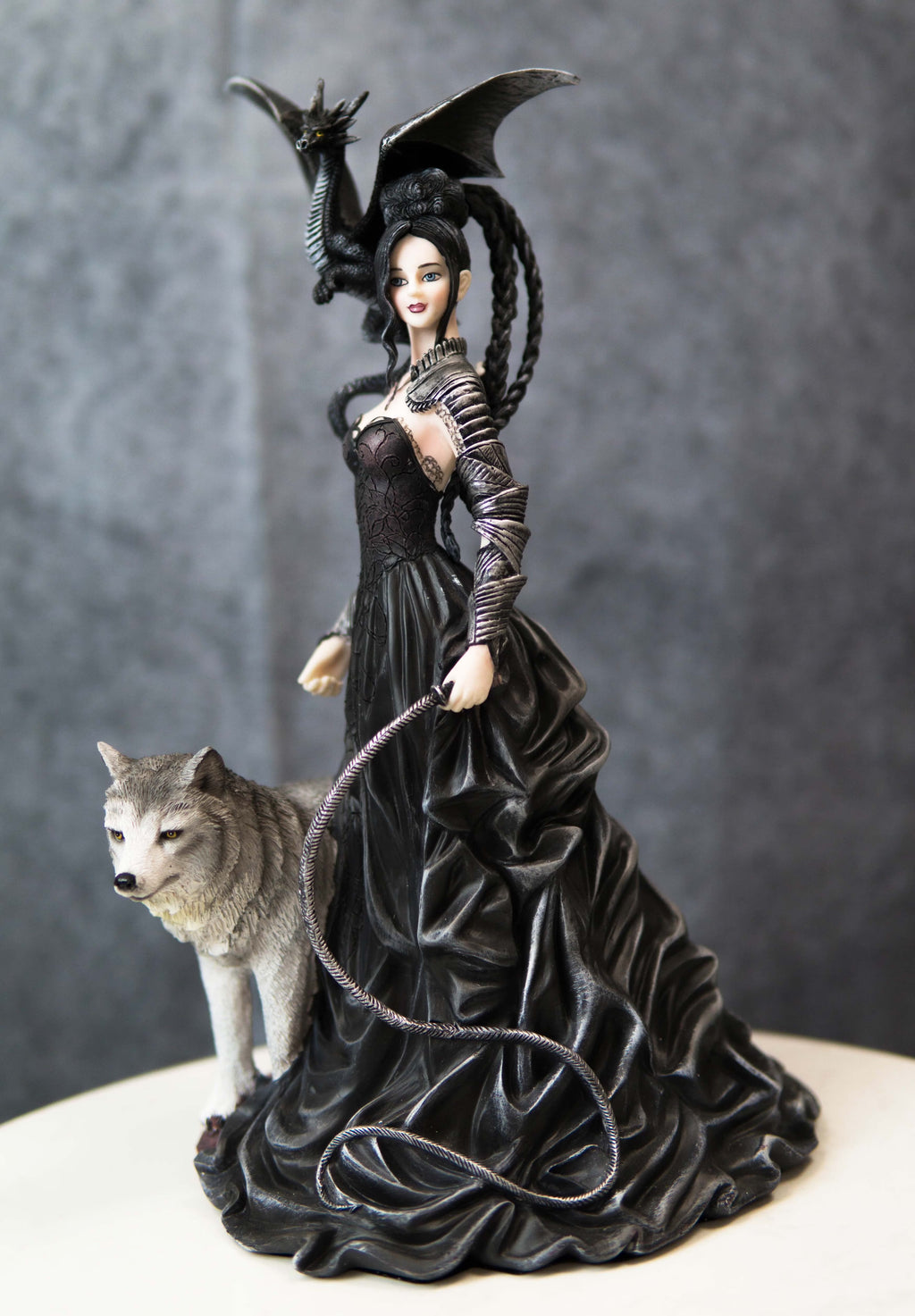Gothic Witch Fairy With Alpha Wolf and Black Dragon Statue Z402580