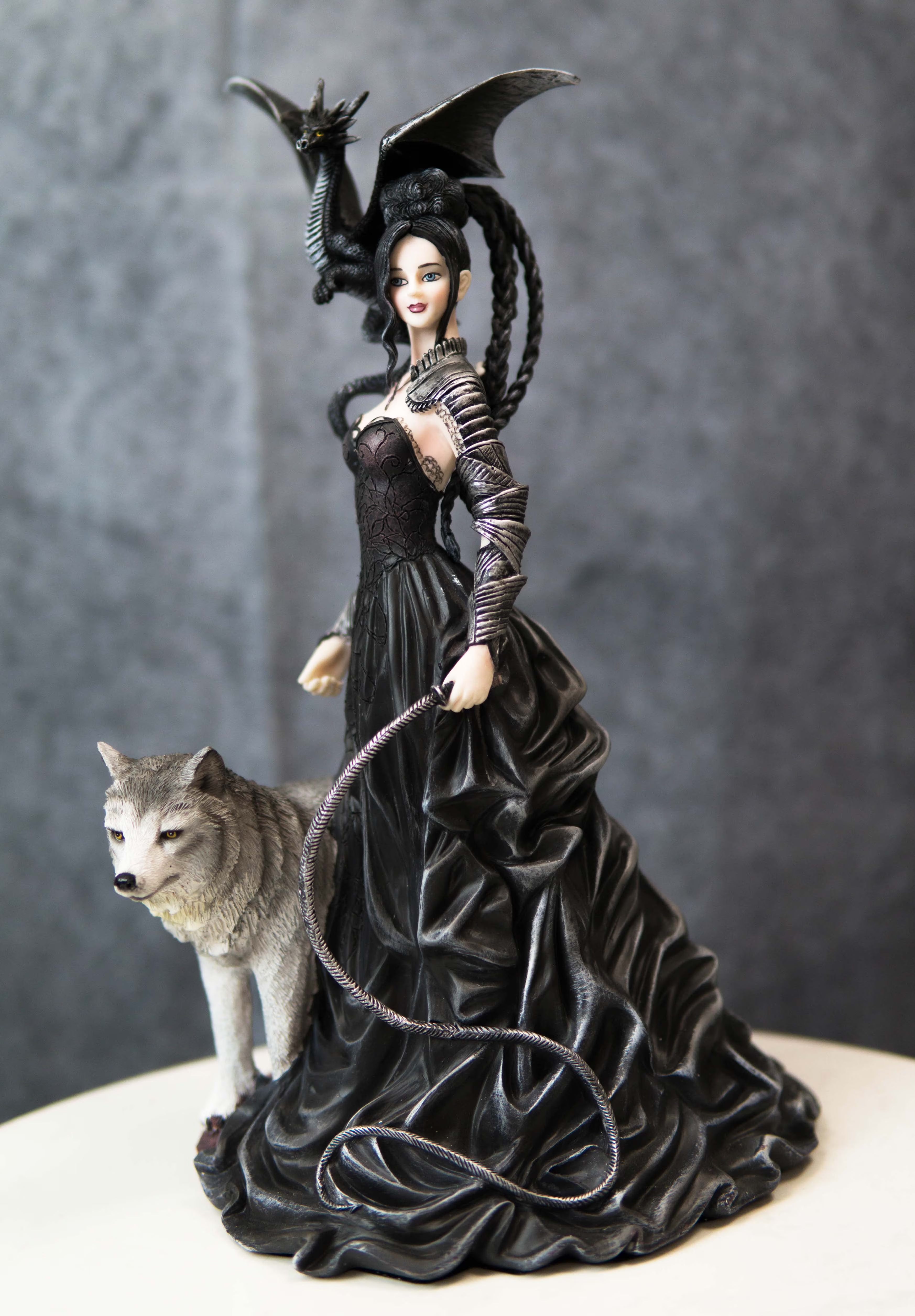 Gothic Witch Fairy With Alpha Wolf and Black Dragon Statue Z402580