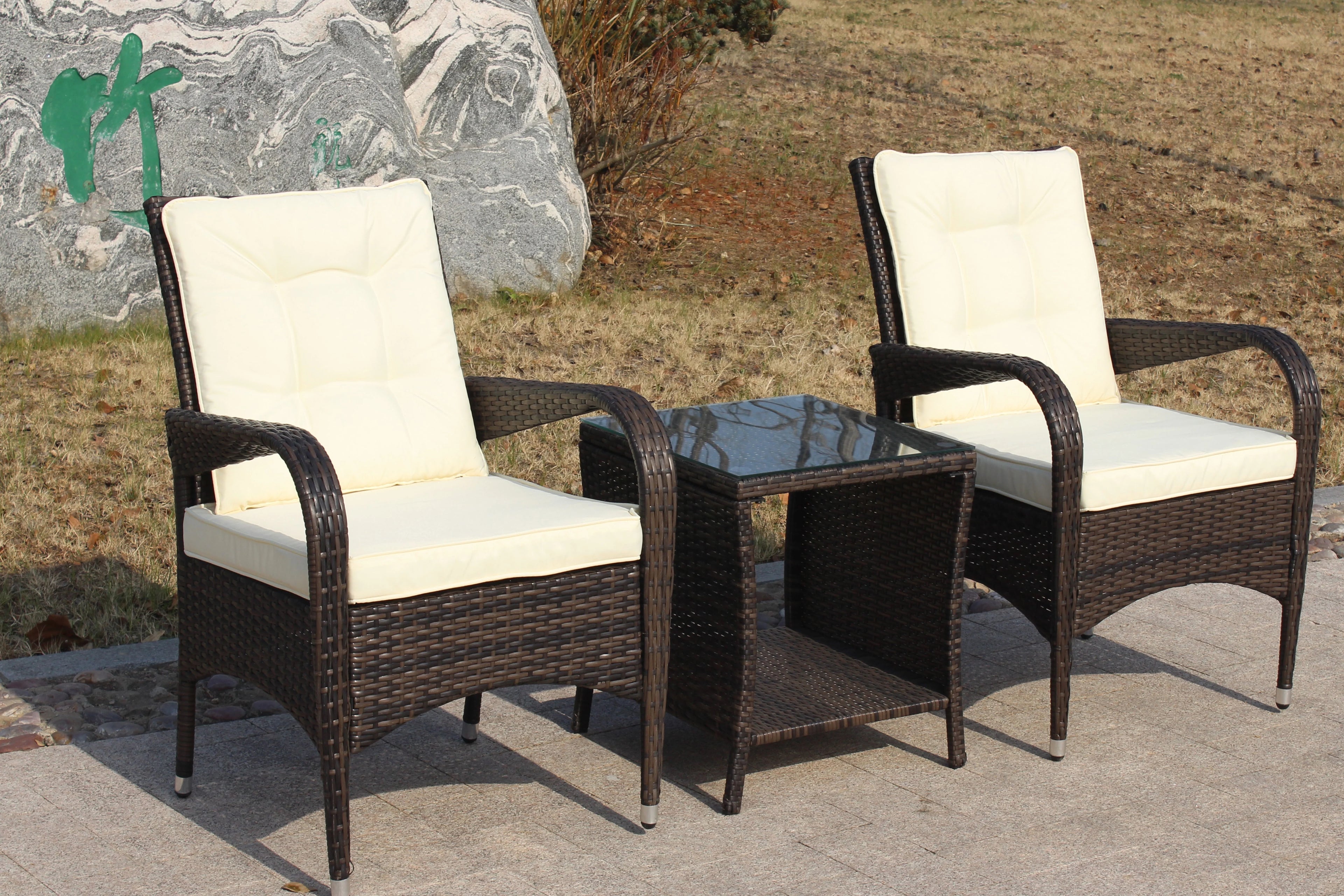 3 Piece Wicker Rattan Sectional Sofa with Beige Seat Cushions B774