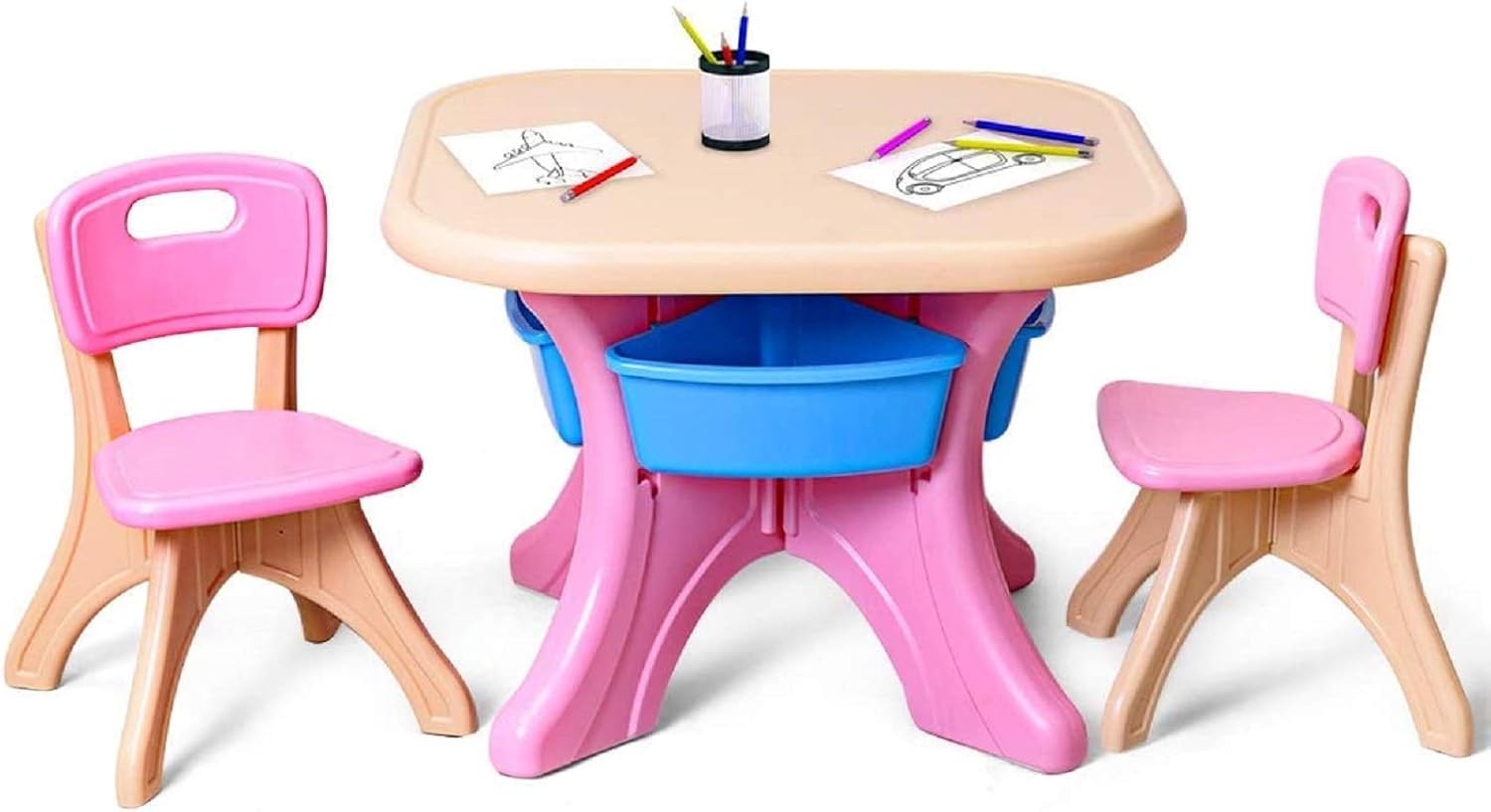 Pink 3 Piece Kids Table and Chair Set with Toy Storage Bins U20703